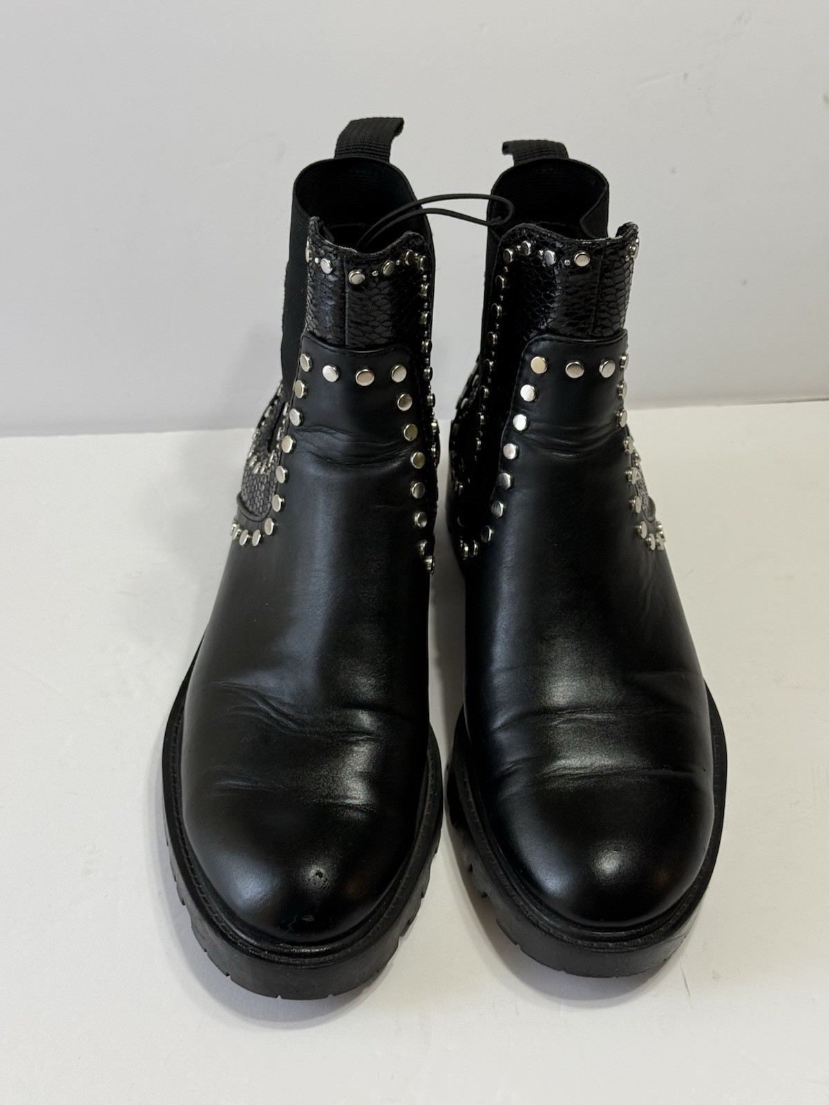ZARA Black Studded Chunky Lug Sole Biker Ankle Boots Women’s Sz 37 (6.5)