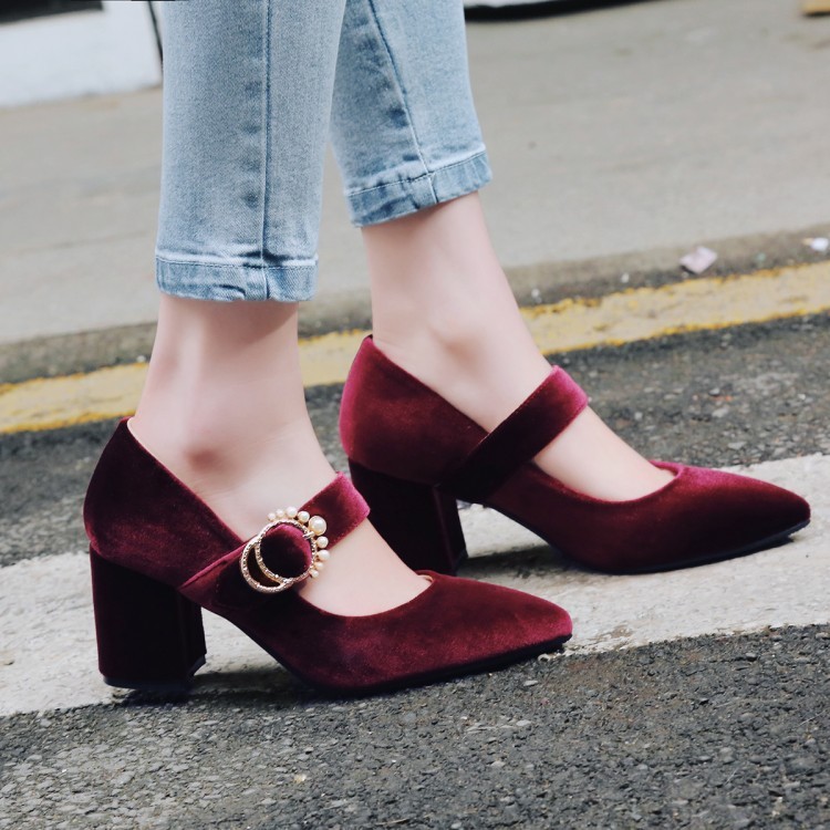 Retro Women’s Velvet Lolita Mary Janes Pointed Toe Block Heels Pump Formal Shoes