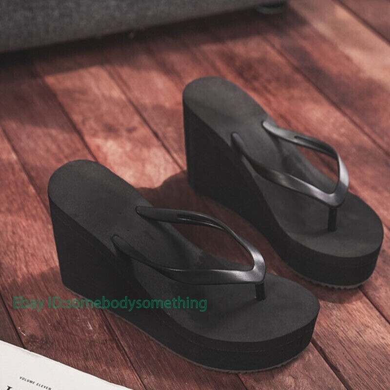 Womens Wedges Flip Flops Summer High Heels Sandals Platform Slippers Solid Shoes