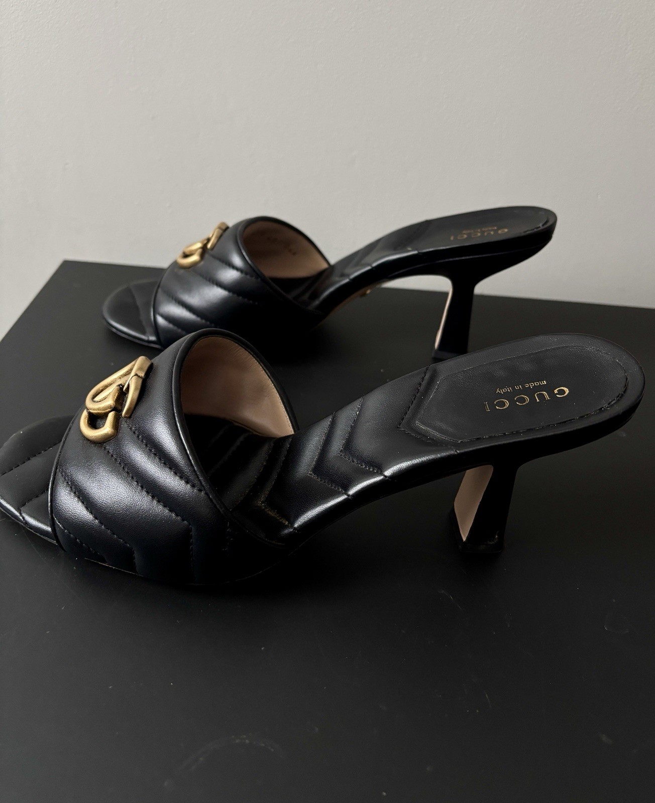 Gucci Nappa Matelasse GG Marmont Black Quilted Leather Heel Sandals Size 9