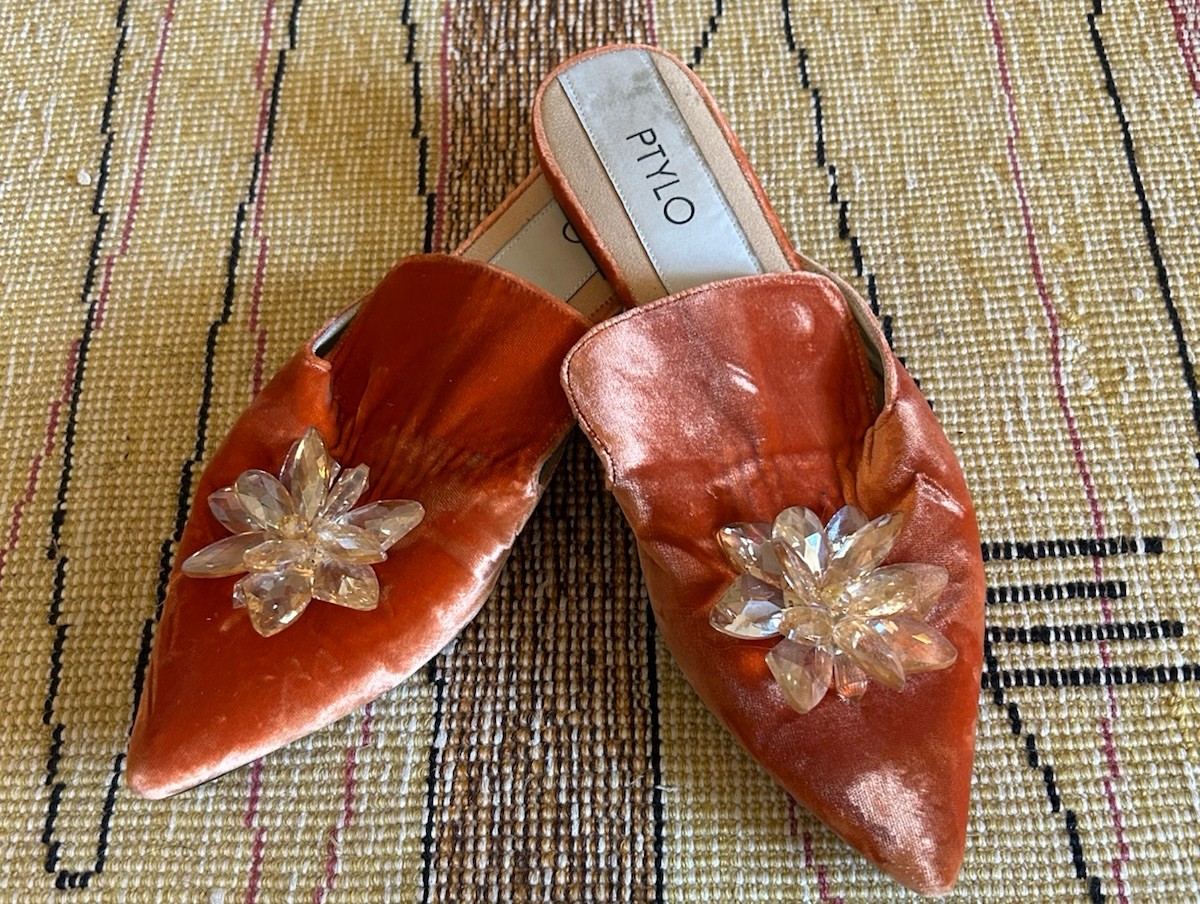 PTYLO VELVET MULES FLATS SIZE 39 ORANGE CRUSHED VELVET Handmade Moroccan