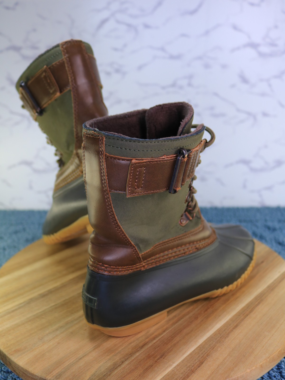 JBU Calgary Brown Green Black Lace Up Mid Calf Duck Work Rain Boot Women Sz 6.5M