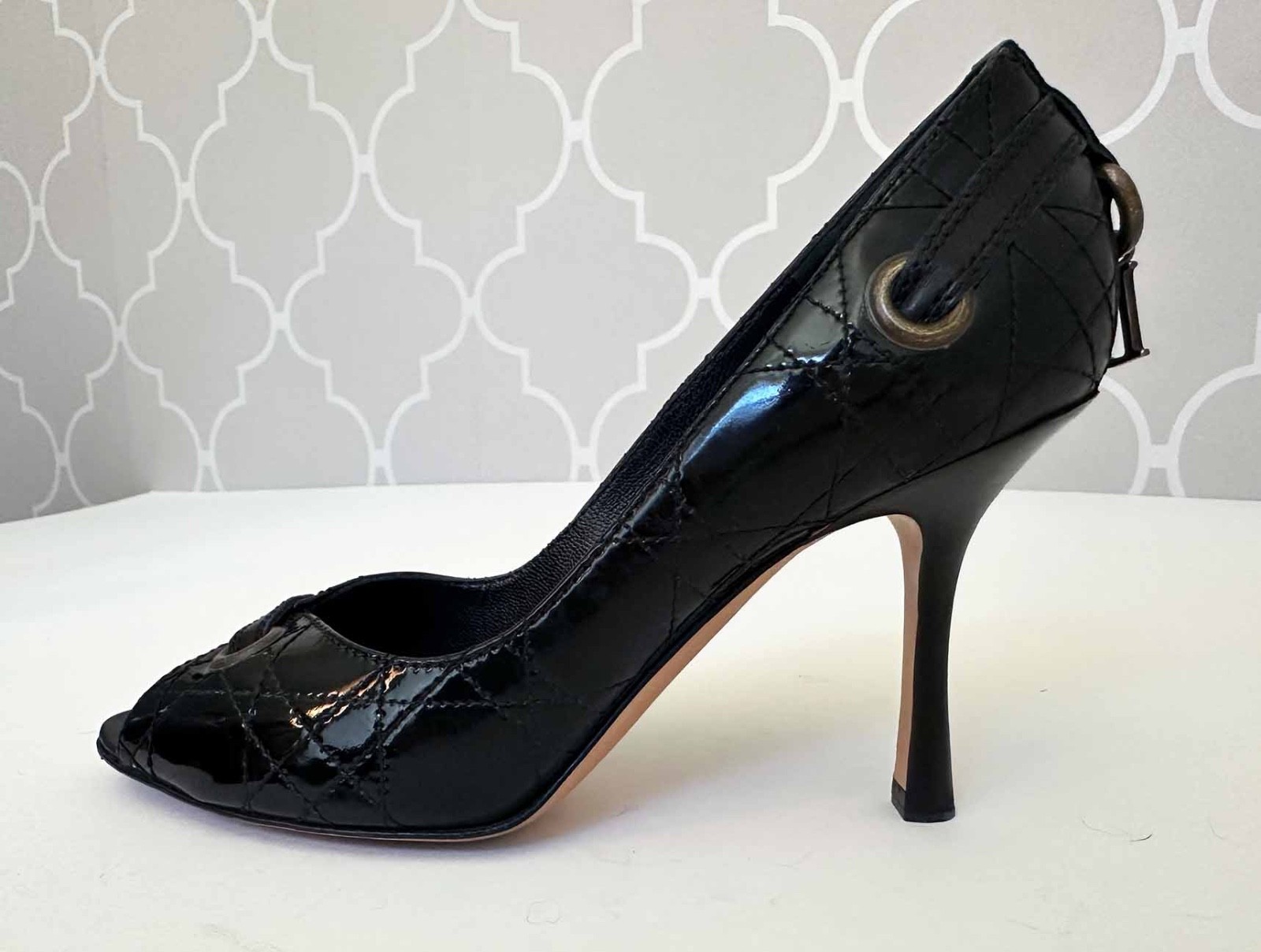 Christian Dior Black Cannage Patent Leather Peep Toe Pumps D Charm Heels EU 38