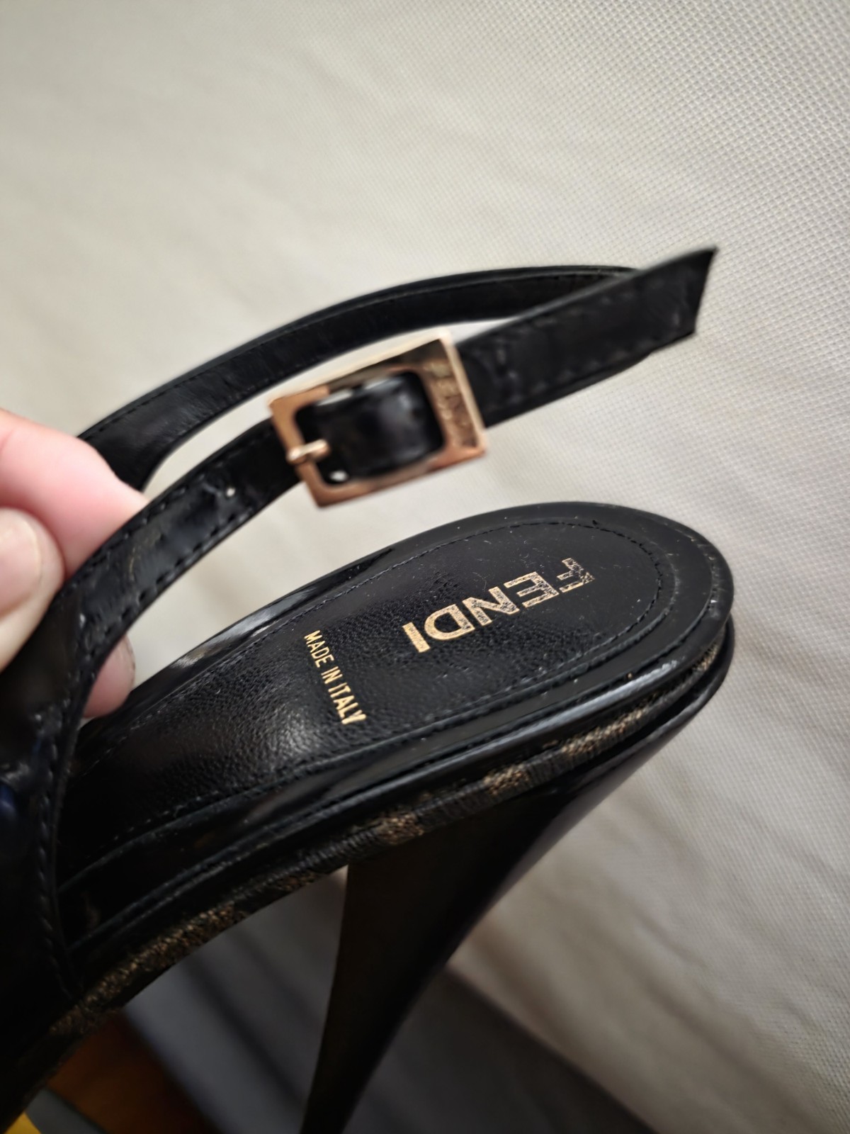 Fendi Black Leather Slingback Peep Toe Stiletto Heels Logo Buckle 8.5