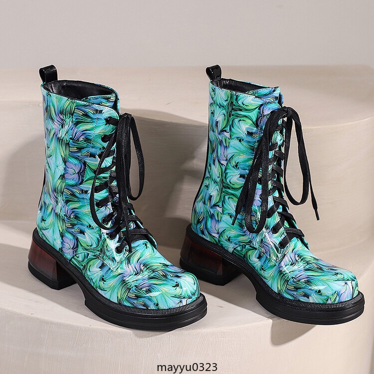 Women’s Mid Cuban Heel Ankle Boots Knight Printed Casual Lace Up Winter Shoes
