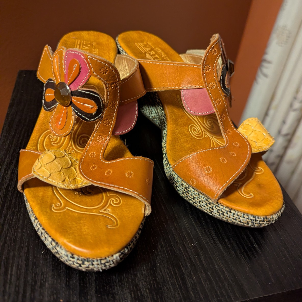 Spring Step L’Artiste Women’s Leather Floral Wedge Slip-On Sandals EU 40