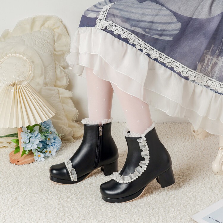 Sweet Women’s Girls Faux Leather Lace Zip Ankle Short Boots Dress Lolita Shoes