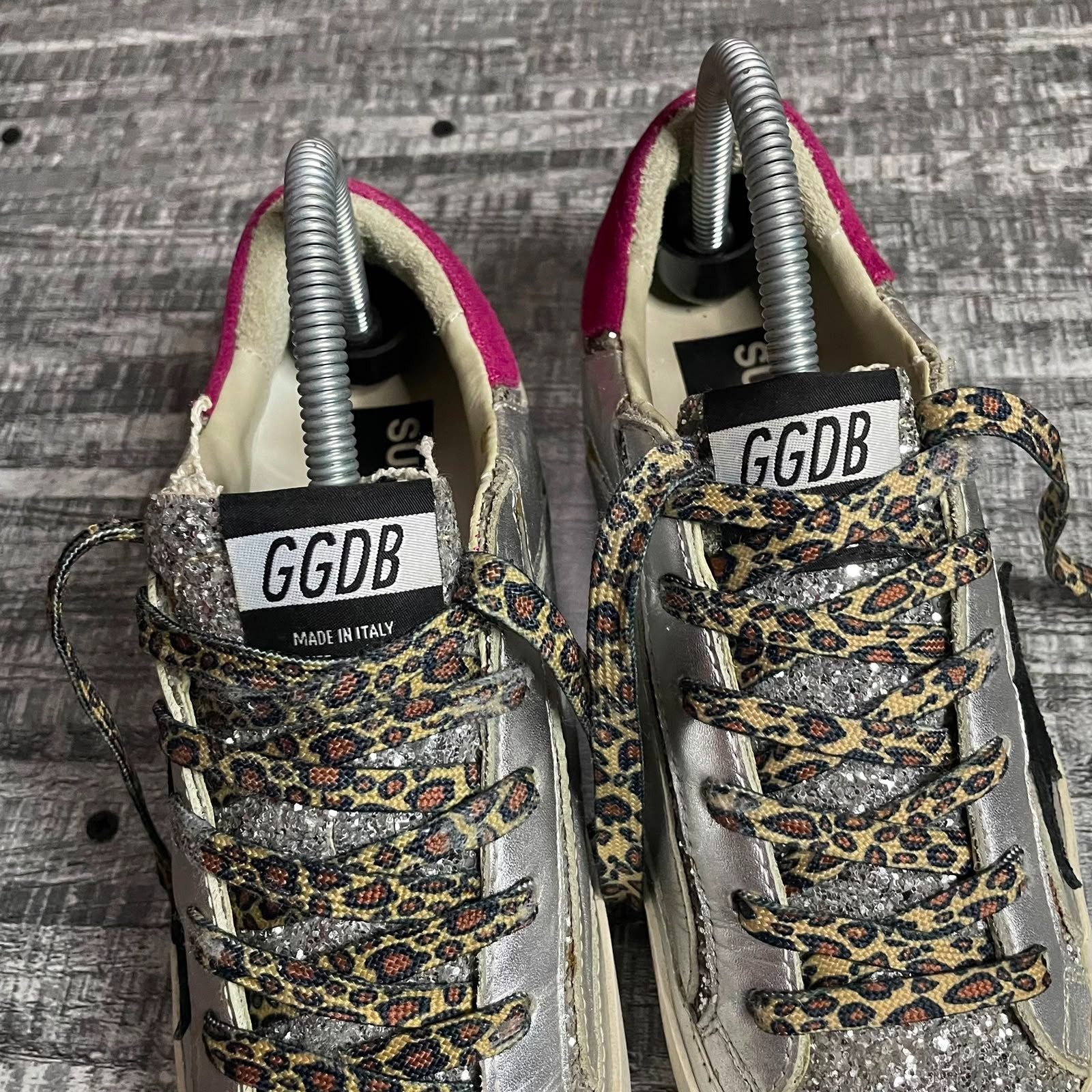 GOLDEN GOOSE SUPERSTAR SILVER GLITTER BLACK STAR PINK HEEL LEOPARD LACES EU 38