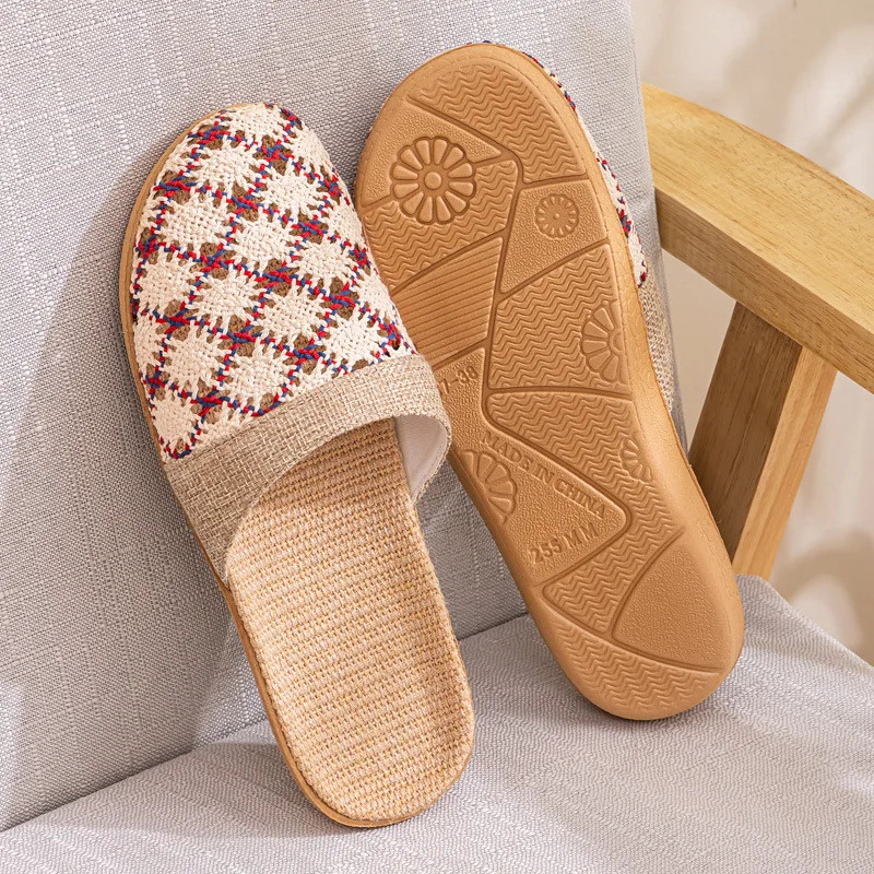 New Oriental Flax Slippers For Women Summer Indoor Home Summer Wooden Floor Slip