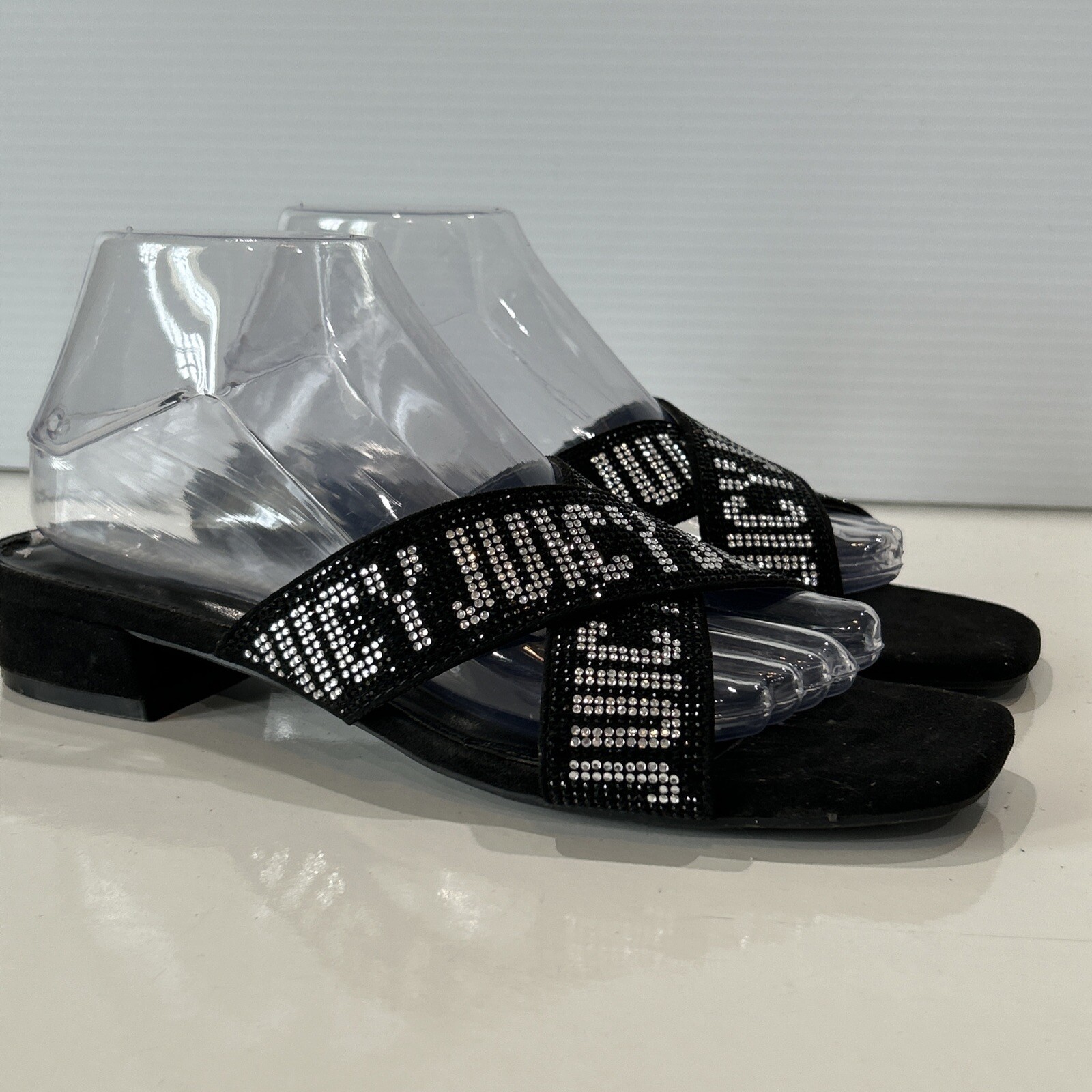 Juicy Couture 8.5 Crystal Logo Black Cross Over Sandals Bling Slip On Shoes