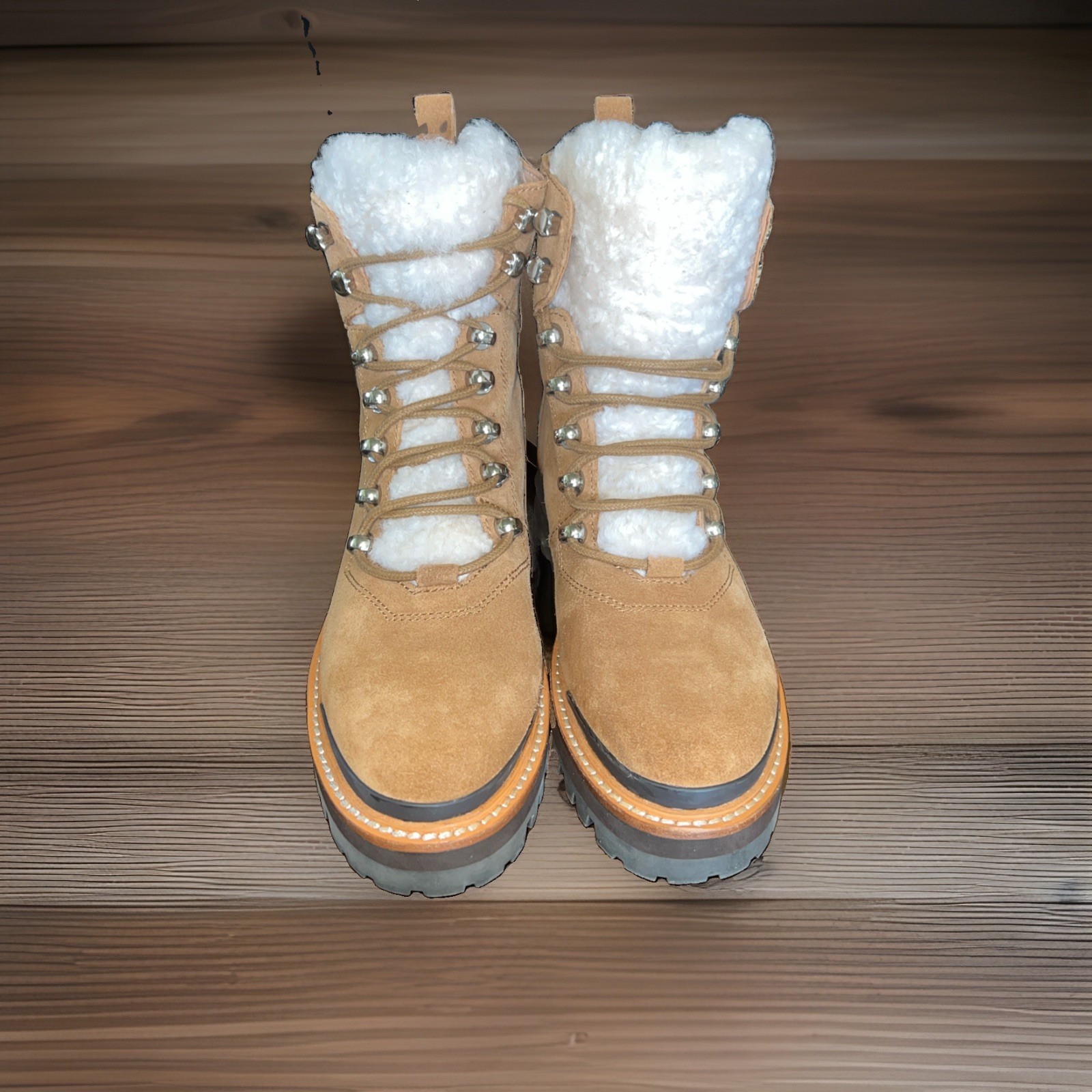 Marc Fisher Izzie Genuine Suede Shearling Lug Sole Boots Women’s Tan Size 6 M