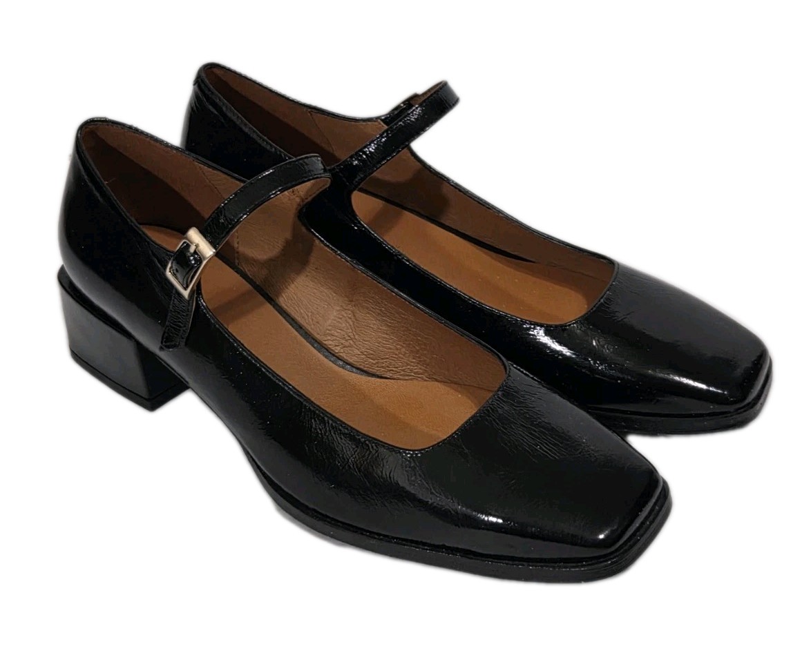 Maeve Anthropologie Mary Jane Square Toe Heels Black Patent Leather Sz 38/7-7.5