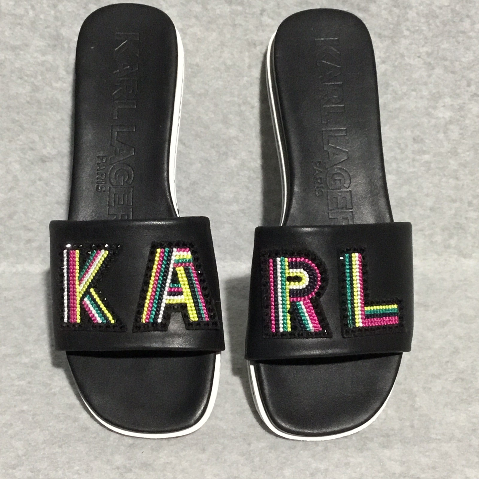 Karl Lagerfeld Jaxine Embellished Slides Women’s 7 Black Crystal Logo Sandals