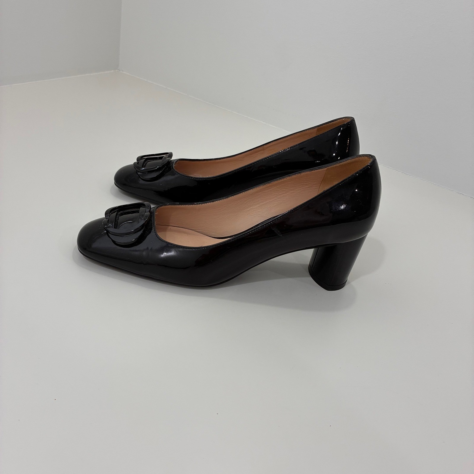 Stuart Weitzman Black Patent Leather Block Heel Square Toe Buckle Pumps 7.5B