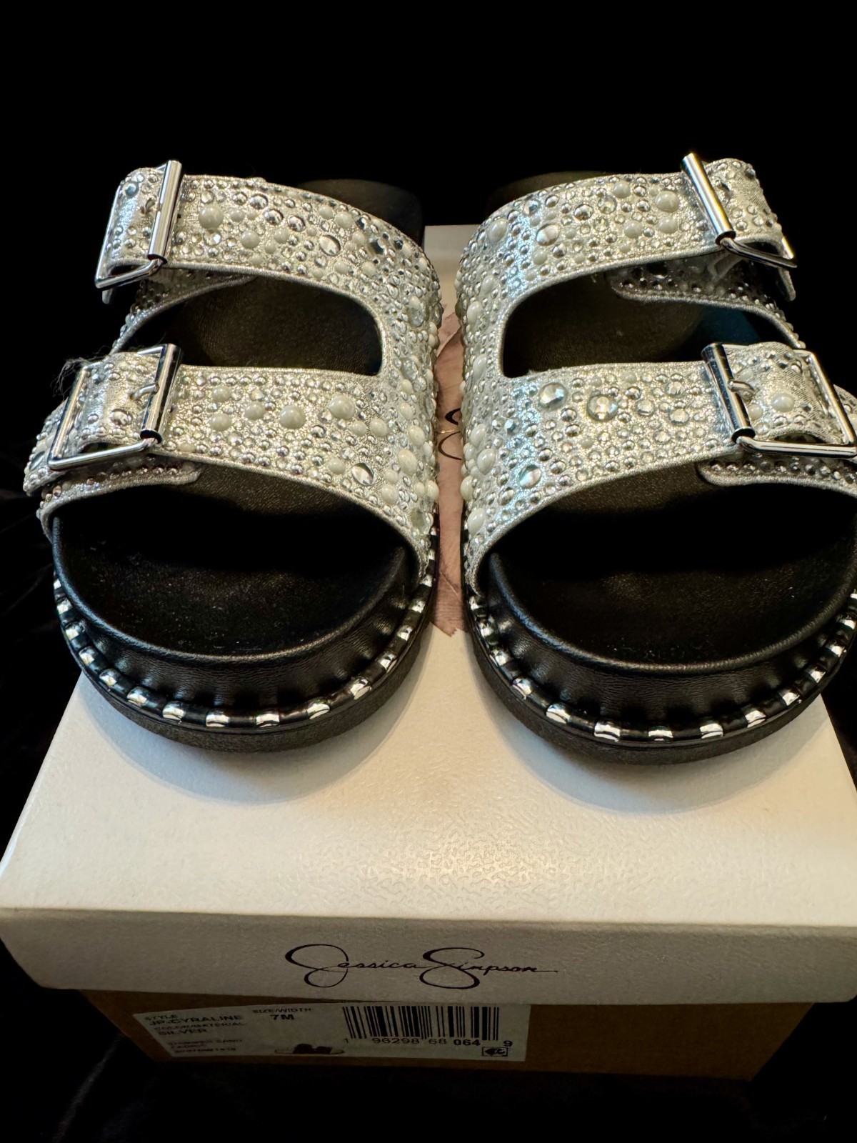 Womens Jessica Simpson Cyraline Rhinestone Silver Slip On Sandals slides Size 7