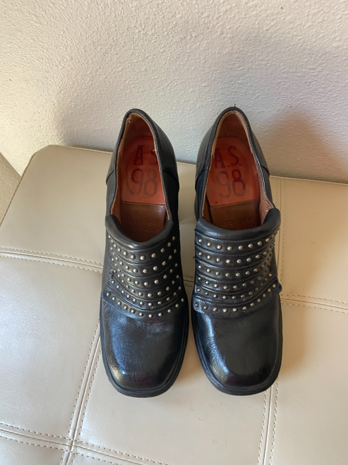 A.S.98 Leather Studded BLACK STUDDED PUMPS MARY JANE SHOES SZ 37