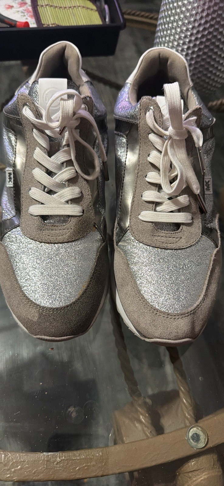 Michael Kors Glitter Logo Lace Up Athletic Sneakers Silver Gray White Leather