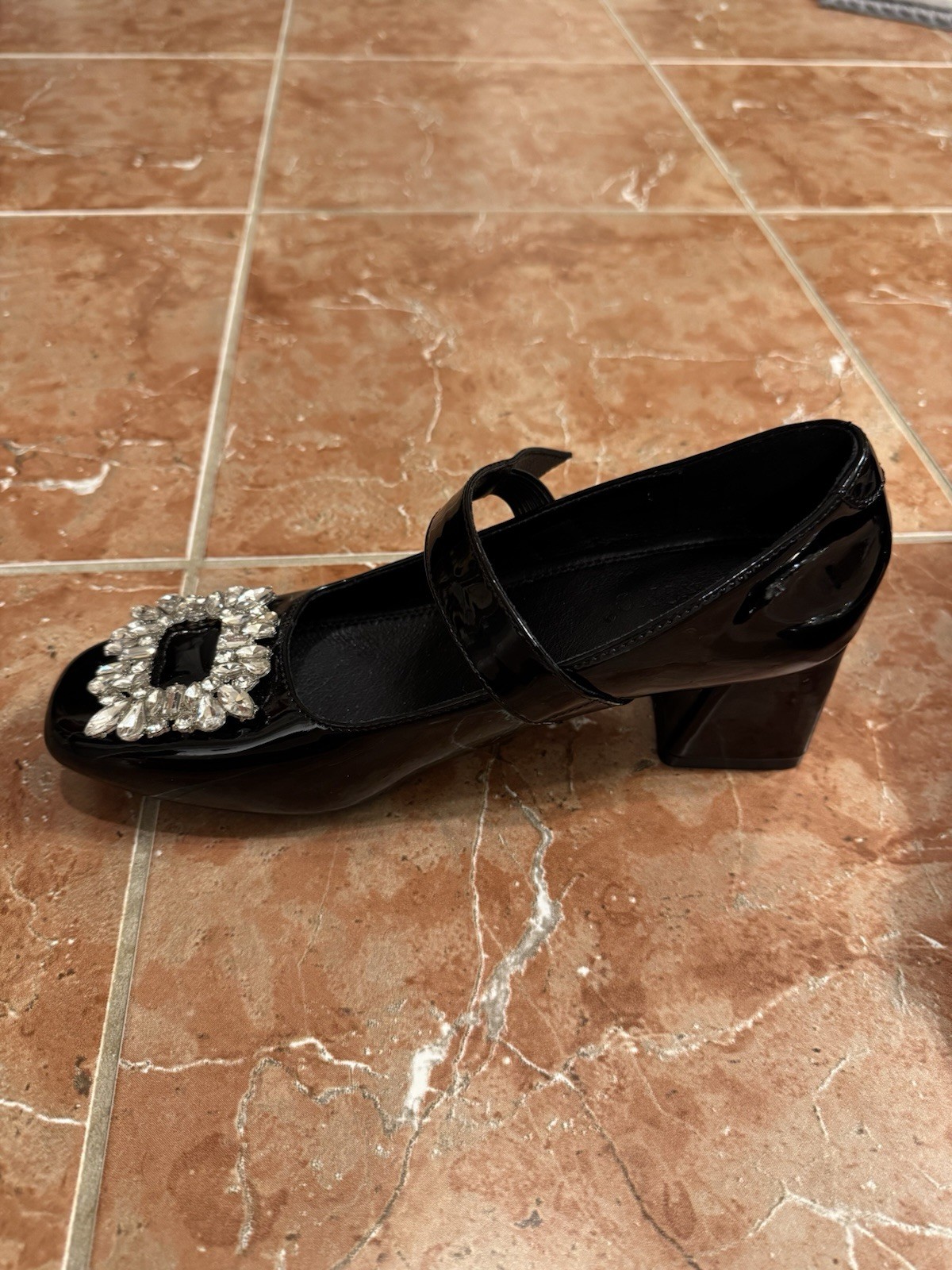 Patent Leather Shoes Women’s Mary Jane Crystal Pumps Size 7.5 Chunky Heel