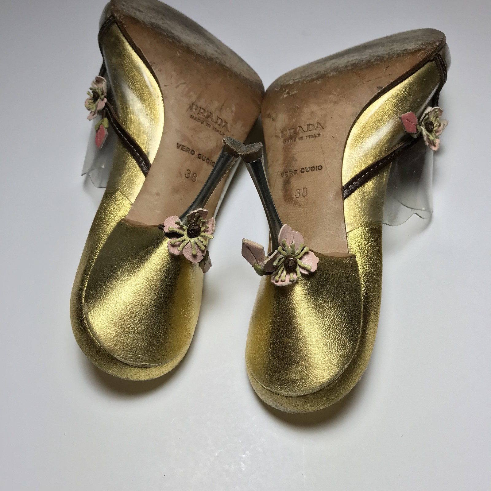 Prada Vintage Y2K Geisha Cherry Blossom Floral Applique Gold PVC Mules 38