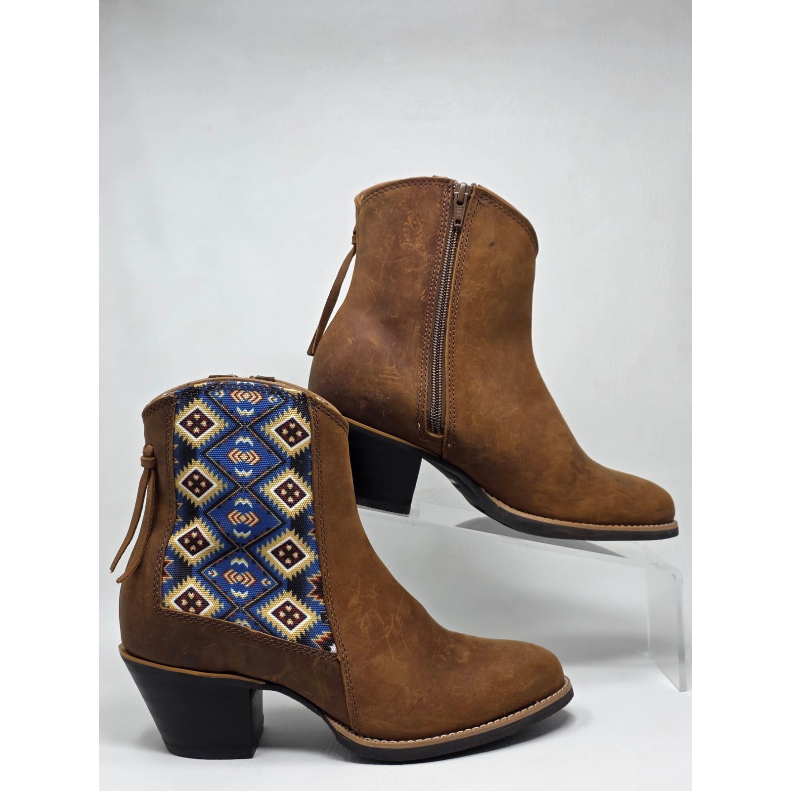 Wrangler Womens Brown Leather Tapestry Western Ankle Boots KWB0006 Size 8.5 B