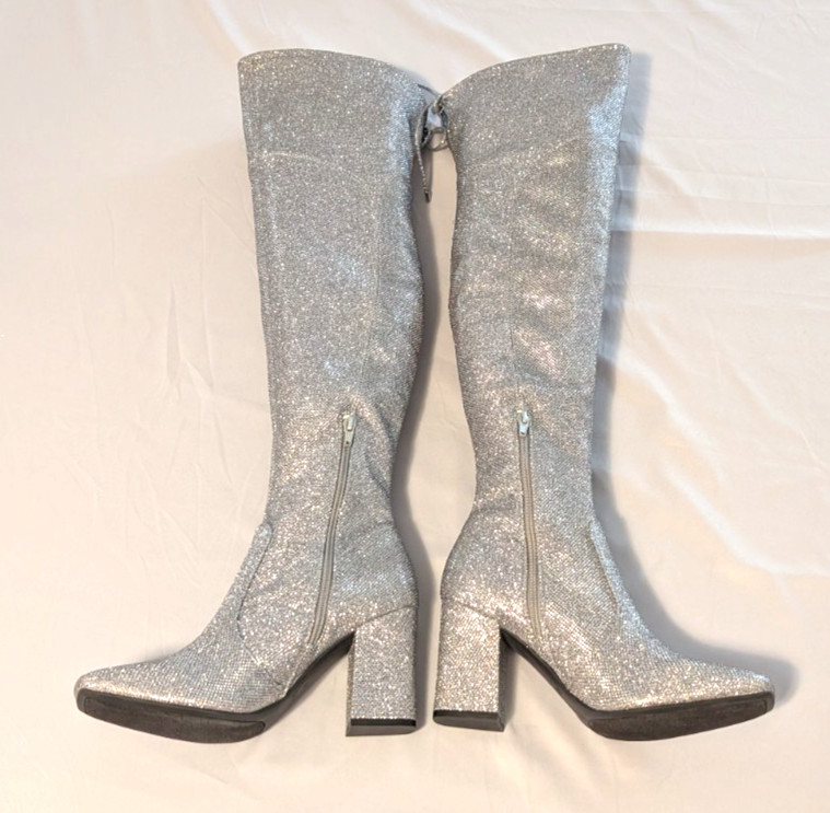 Unisa Over Knee Boots Womens Size 9M Sparkly Silver Block Heel Party Statement