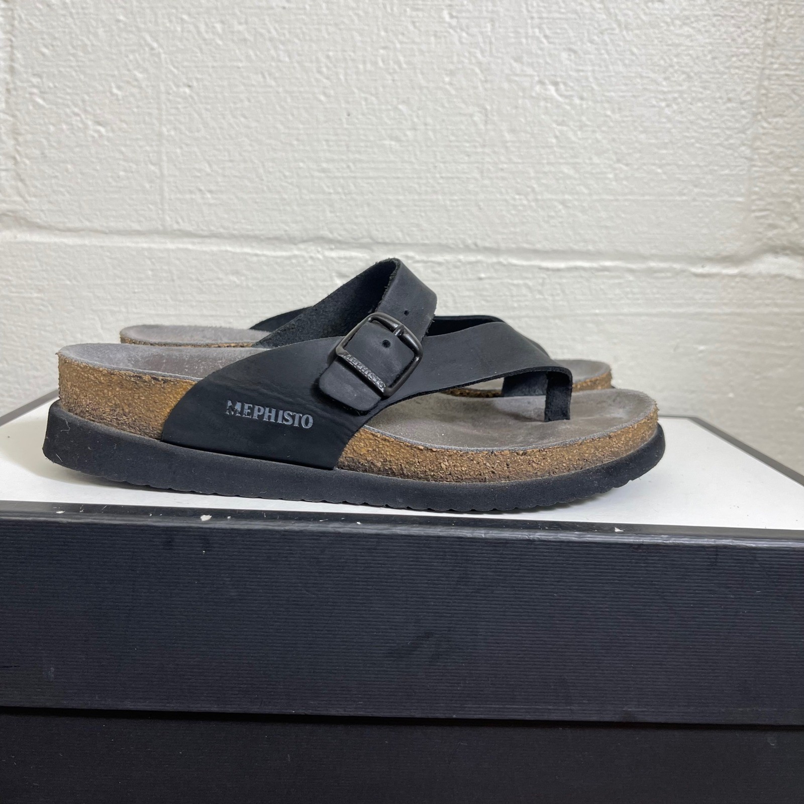 Mephisto Helen Black Leather Cork Thong Sandals Slip On Womens 35 EU/5 US