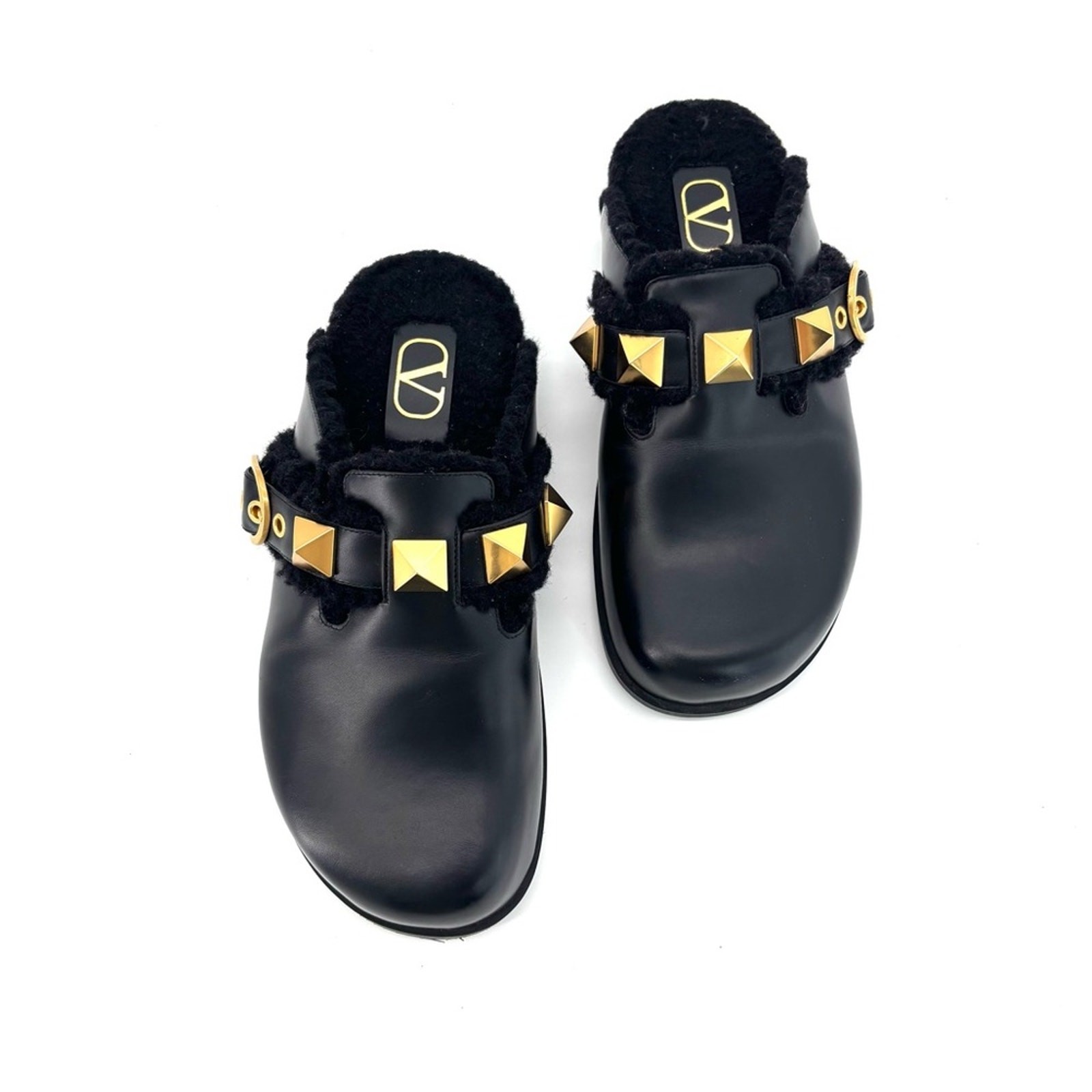 Valentino Garavani Roman Stud Shearling Lined Sabot Slip On Mules Slides 38