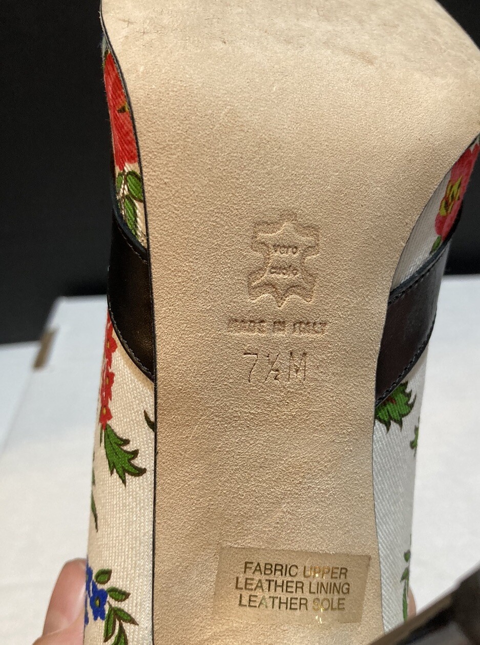 ISABELLA FIORE Flower Pattern Fabric & Black Leather Pumps In Box Beautiful