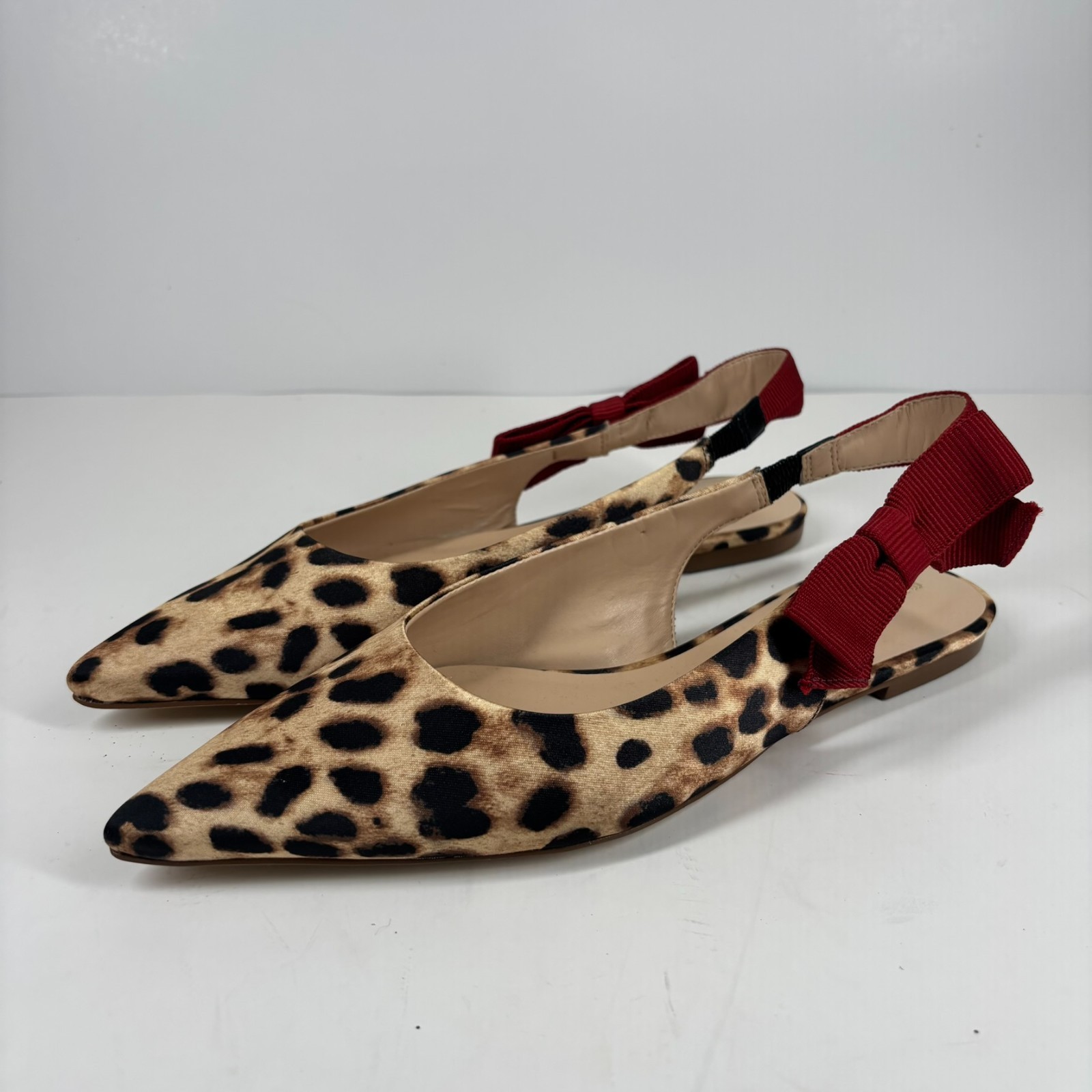 Anthropologie Maeve Women’s 9 Animal Satin Pointed Toe Side Bow Slingback Flat