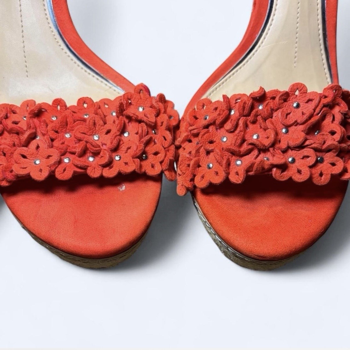 Red Floral Wedges Platform Heels 8.5 Gianni Bini Ankle Strap Suede Espadrilles