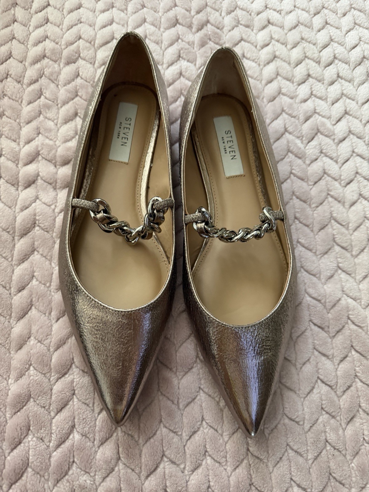 STEVEN New York Women’s Milla Pointed Toe Flat Pewter/Silver Chain Sz 9