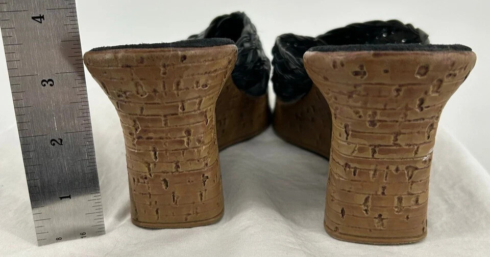 Y2k Bongo Wedge Sandals 7 Braided Black Chunky faux Wood Platform Boho 90’s Vtg