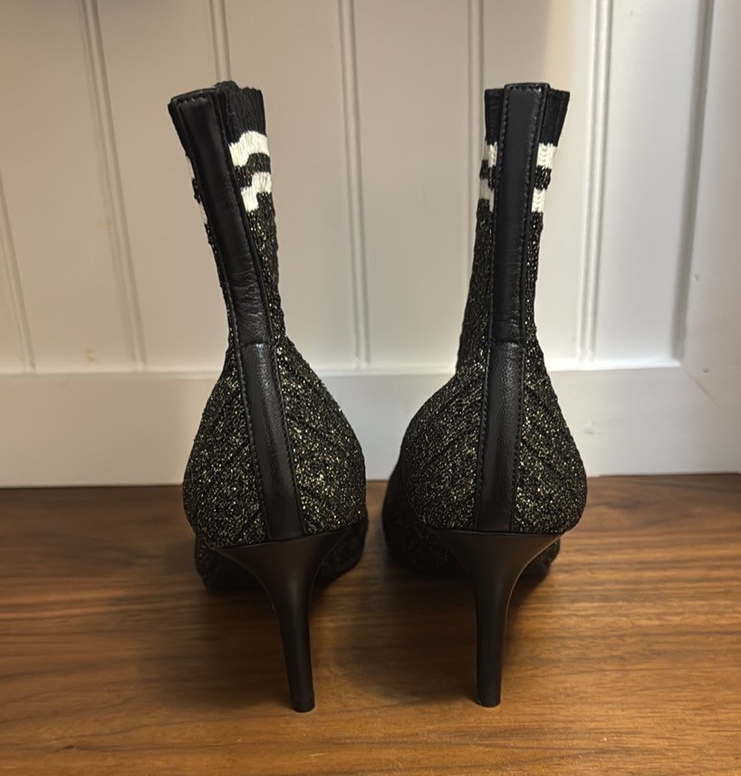 New Stuart Weitzman Sock Boots Waverly Ankle Black Gold Stretch Sz 8