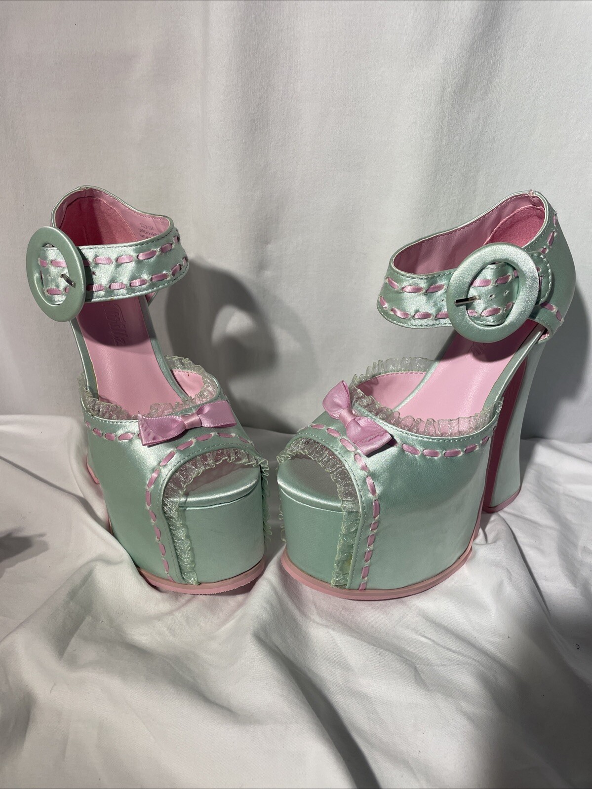 NEW! Sugar Thrillz Dolls Kill Mint Green And Pink Satin Platform Heels Size 5M