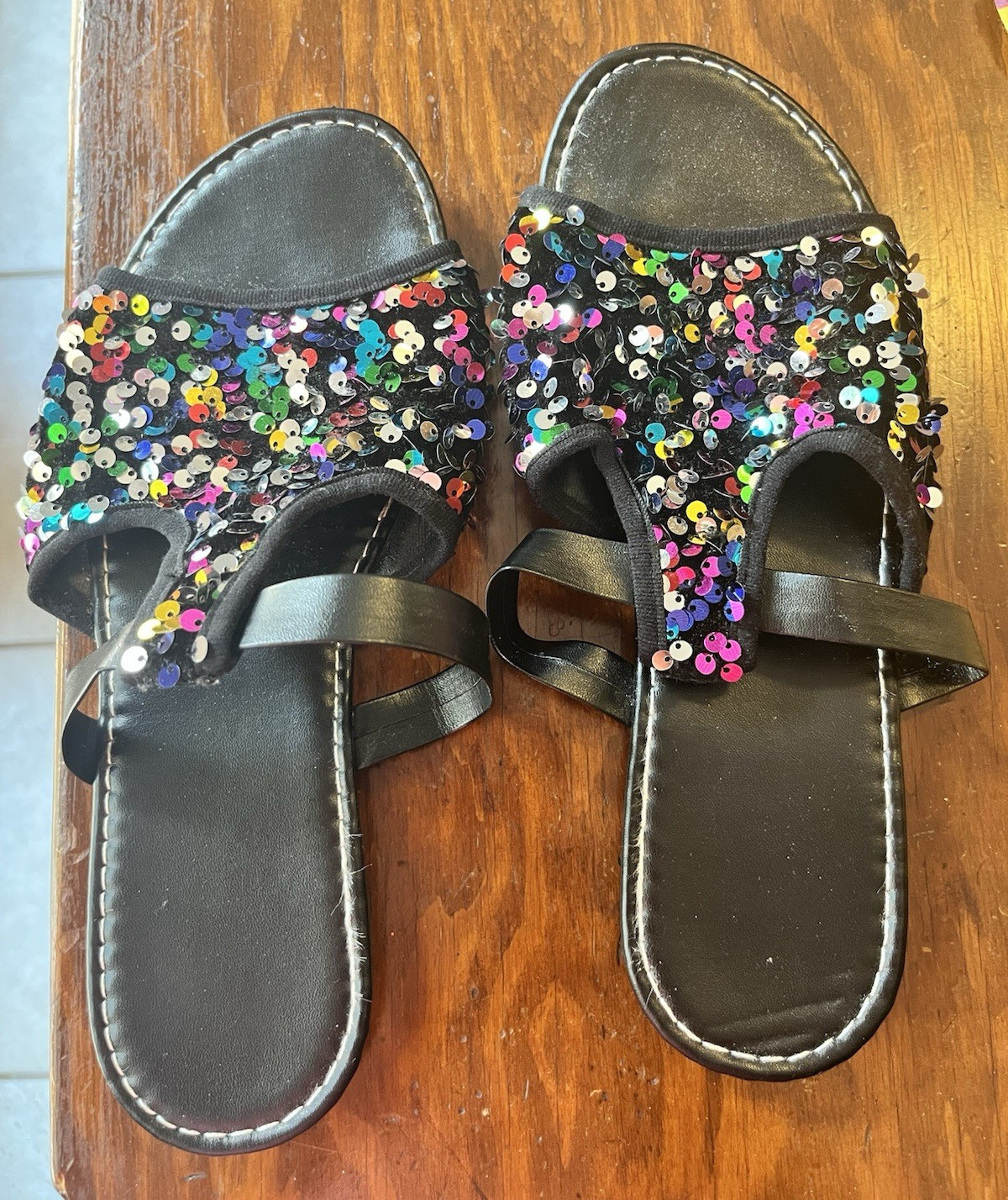 Womens Black/Multicolor Sequin Slide Sandals w/ Straps Slip-On Flat US 9
