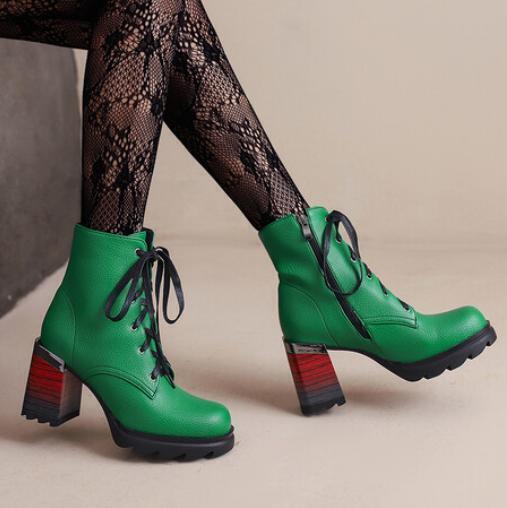 Women’s Faux Leather Ankle Boots Lace Up Shoes Block Heel High Top Loafers Zip