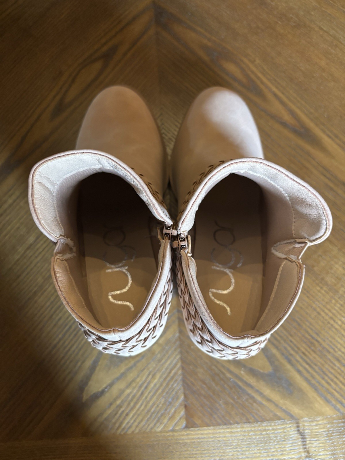 Sugar Sandlot Braided Strap Ankle Booties Women’s 8 Nude Beige Block Heel NIB