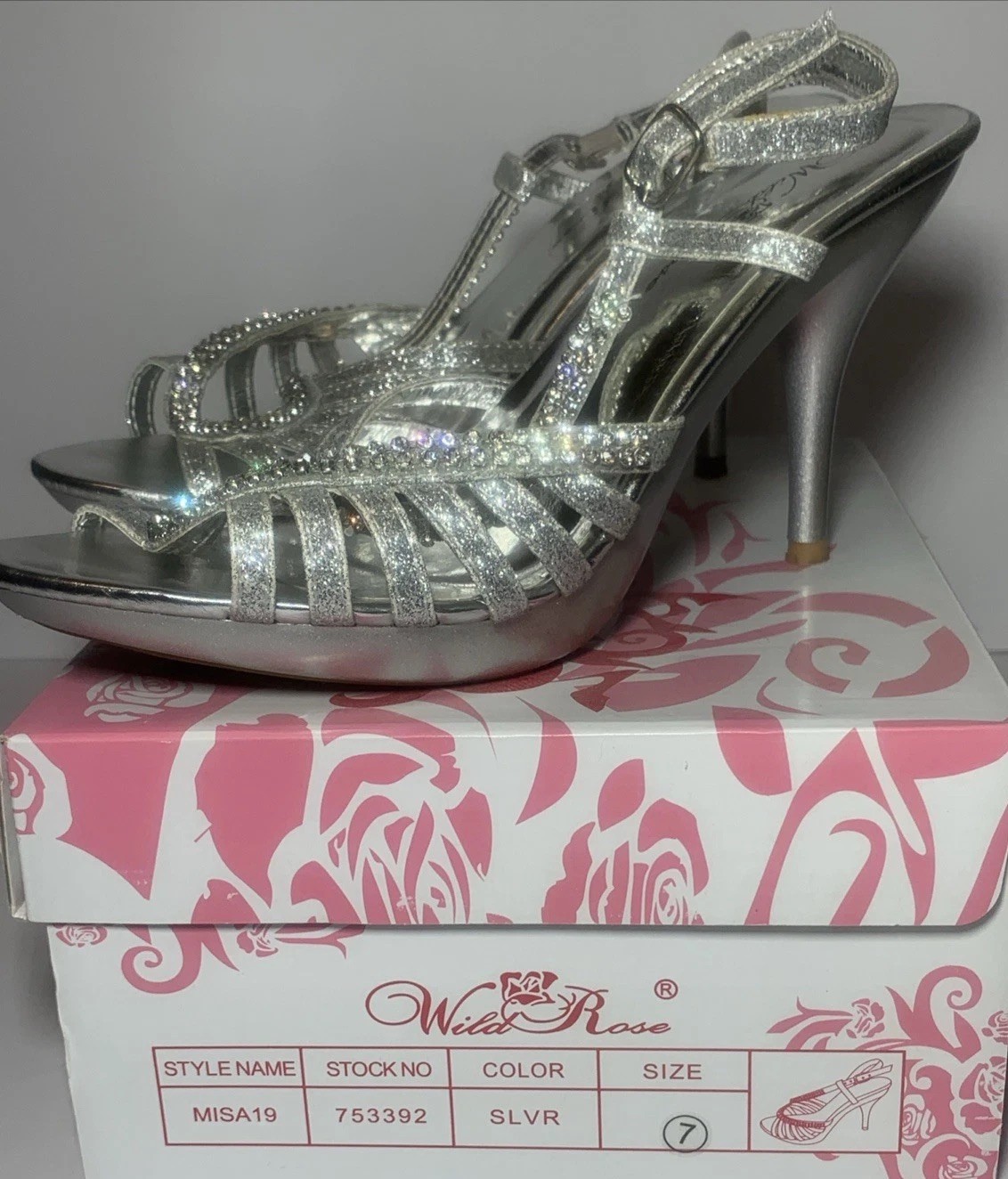 Stiletto Heels Wedding Prom Strappy Shoes Silver Glitter Rhinestone 7M