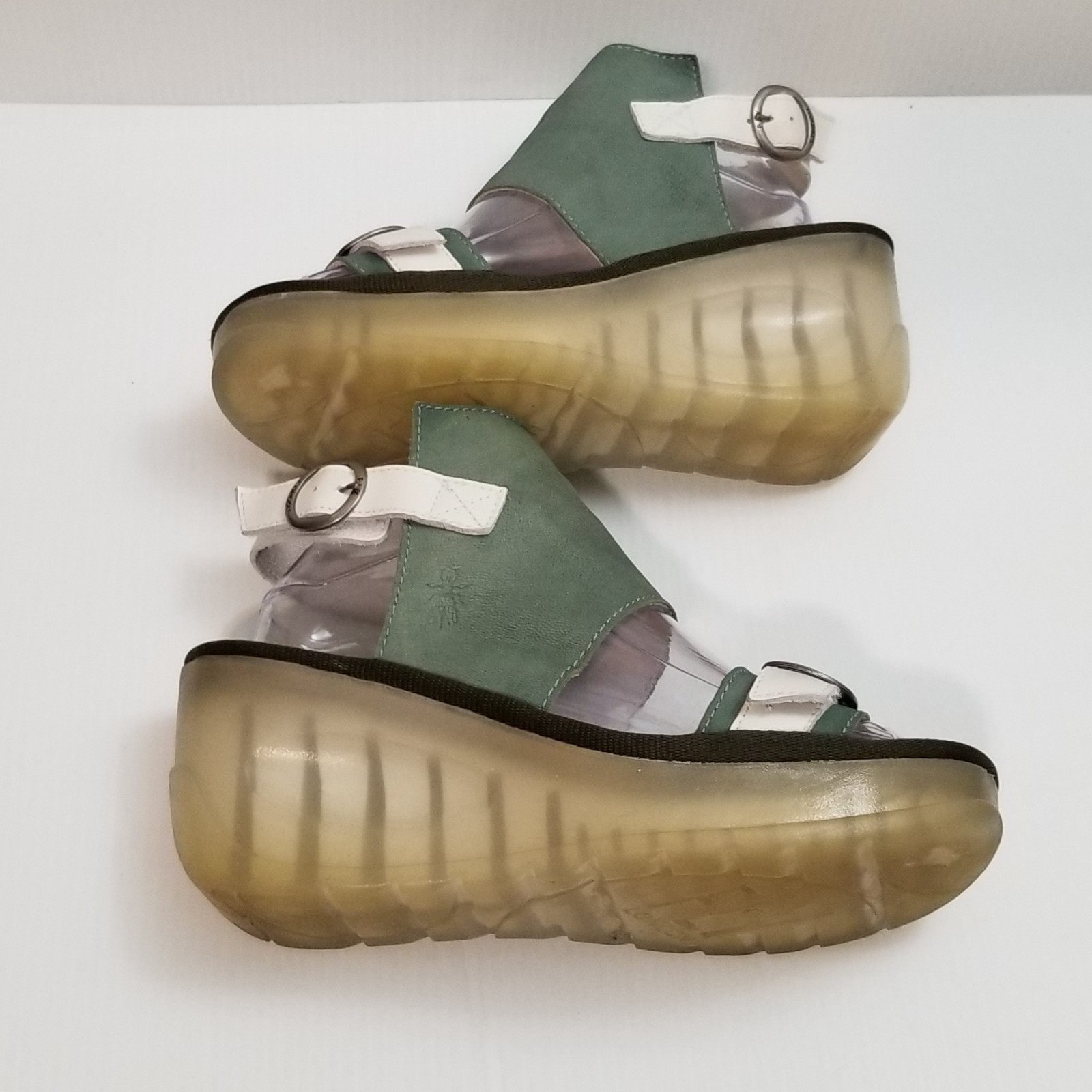 FLY London Leather Ankle Strap Transparent Wedges – Jeno – Green – EU 39 – US 8