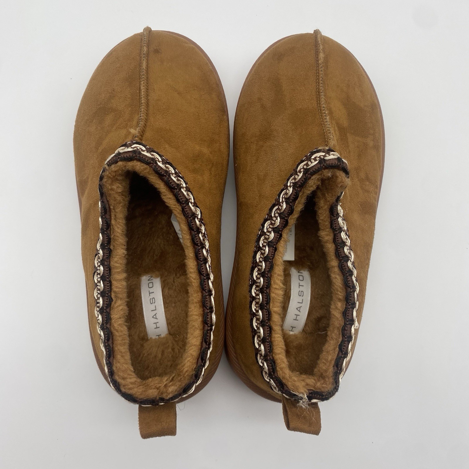 Halston Womens Slip-On Mules Cognac Faux Suede Size 7 Warm Winter Platform Slip