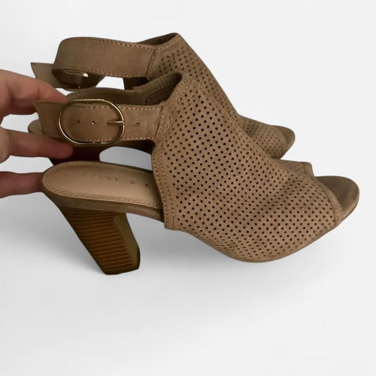 Kelly & Katie Ladasa Tan Suede Perforated Block Heel Sandals
