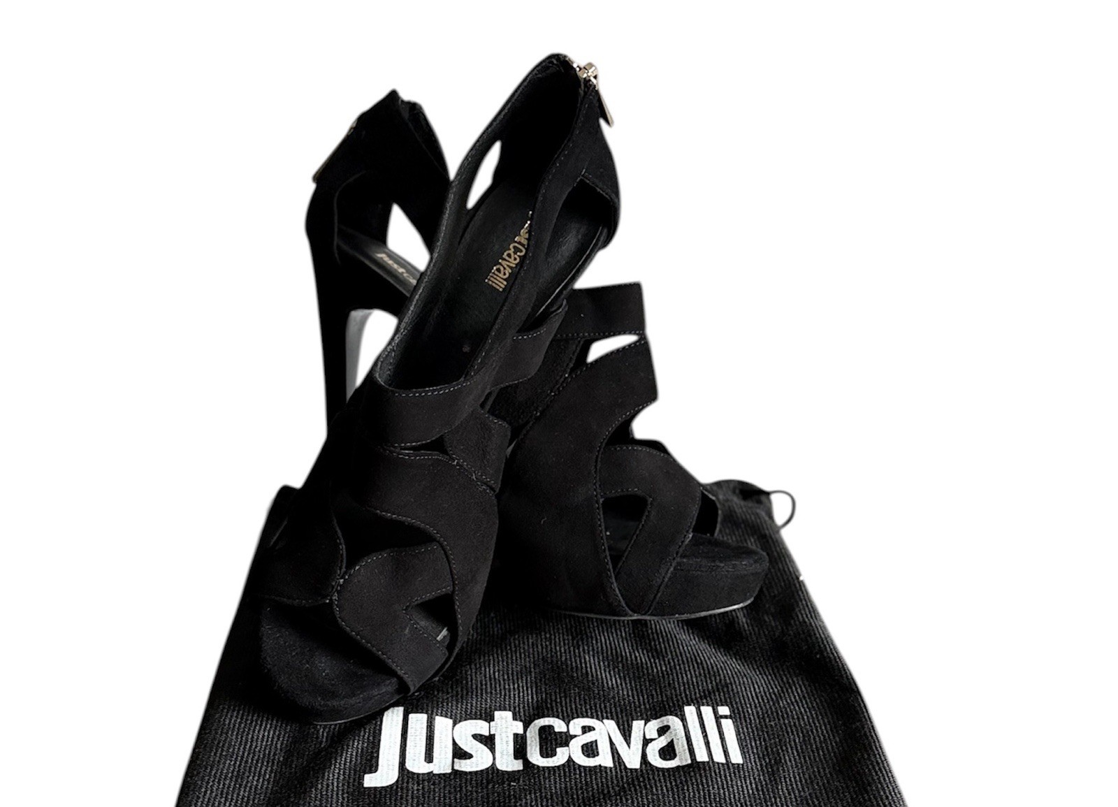Just Cavalli Black Suede Strappy Stiletto Open Toe Heels Gold Zipper. Size 39