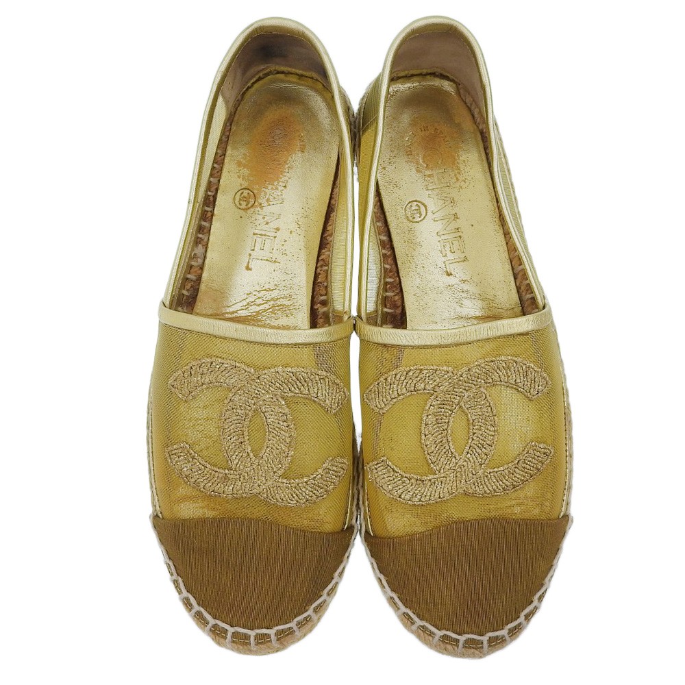 CHANEL COCO Mark Mesh Espadrille Sandals Shoes 8.5″» Gold Women USED