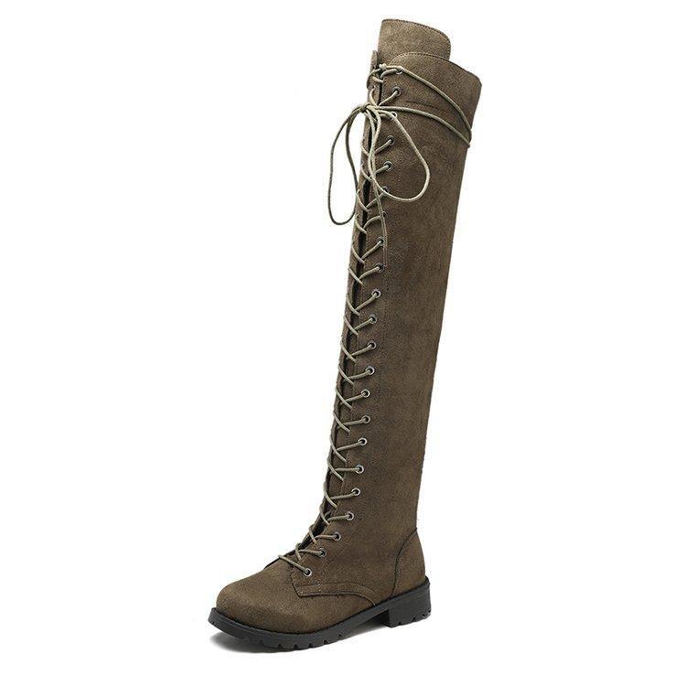 Womens Fashion Casual Youth Retro Gothic Low Heel Lace Up Knee High Riding Boots
