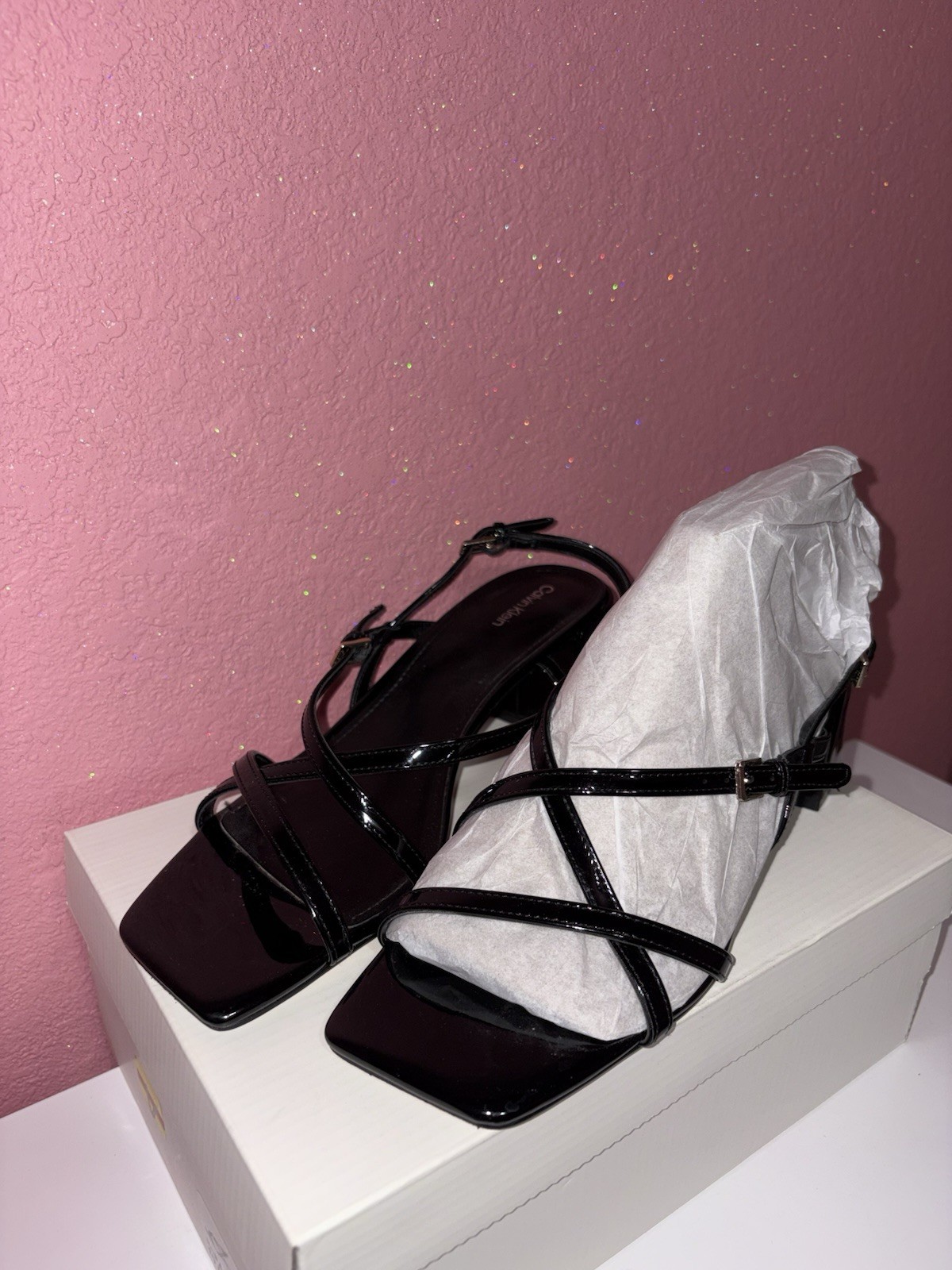 Calvin Klein Black Patent Leather Strappy Ankle Strap Square Toe Heel 10M