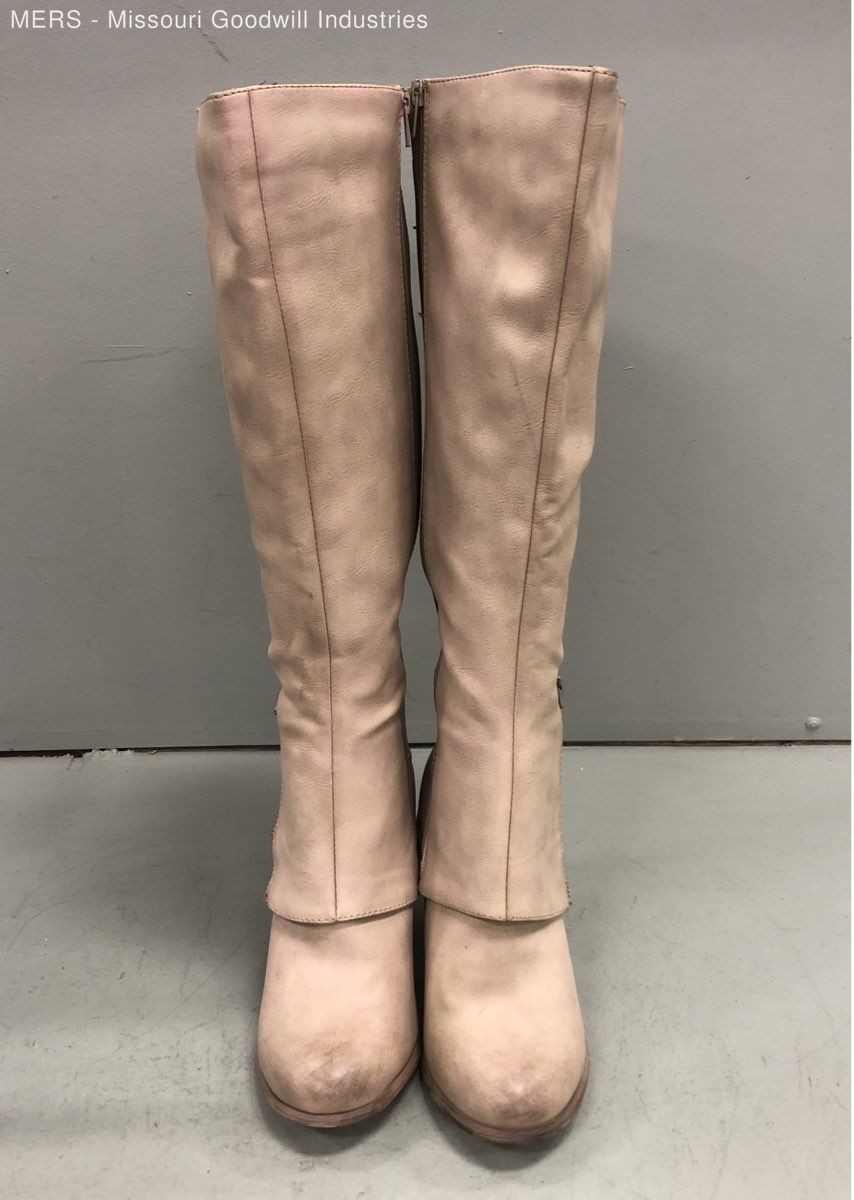 Women’s Tan Knee High Boots Lace Inset Zip Block Heel Vegan Leather Size 8W
