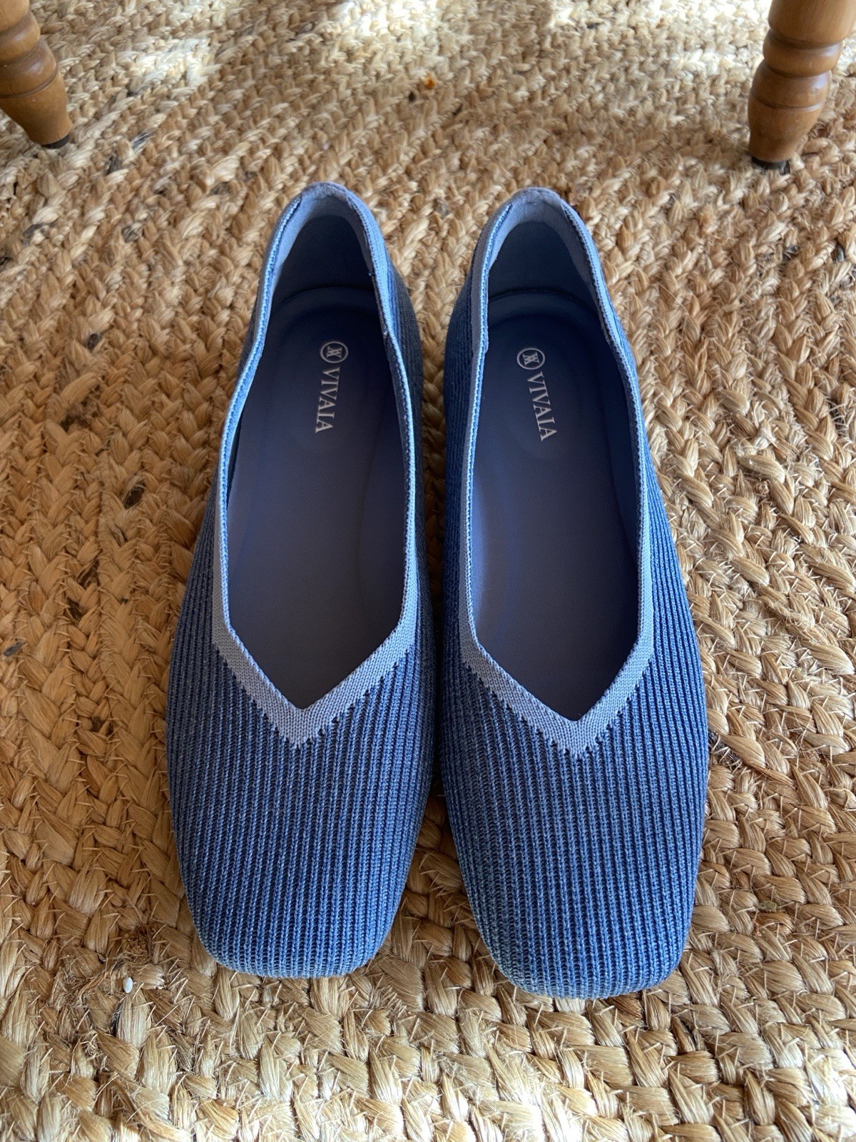 VIVAIA Margot Square-Toe V-Cut Knitted Flats Shoes Denim Blue Size 40