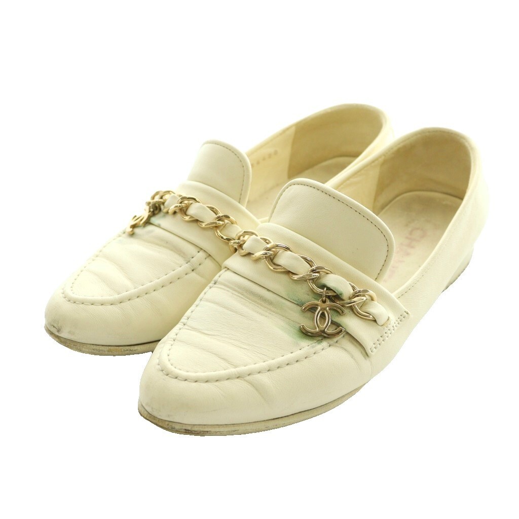 CHANEL Loafer Chain Coco Mark Leather Ivory Women’s Size EU35.5/US5