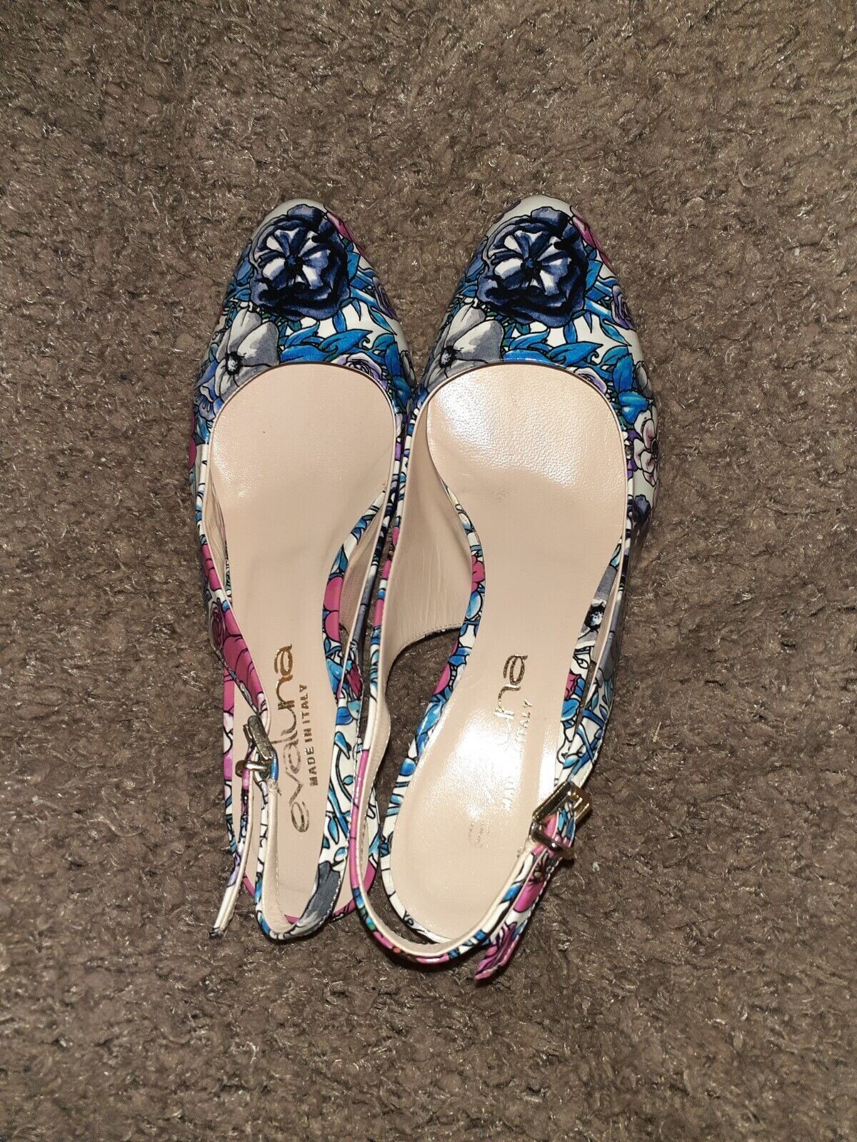 EVALUNA -Floral Print Patent Leather Slingbacks-Buckle Fasten-Sz 36-Excellent