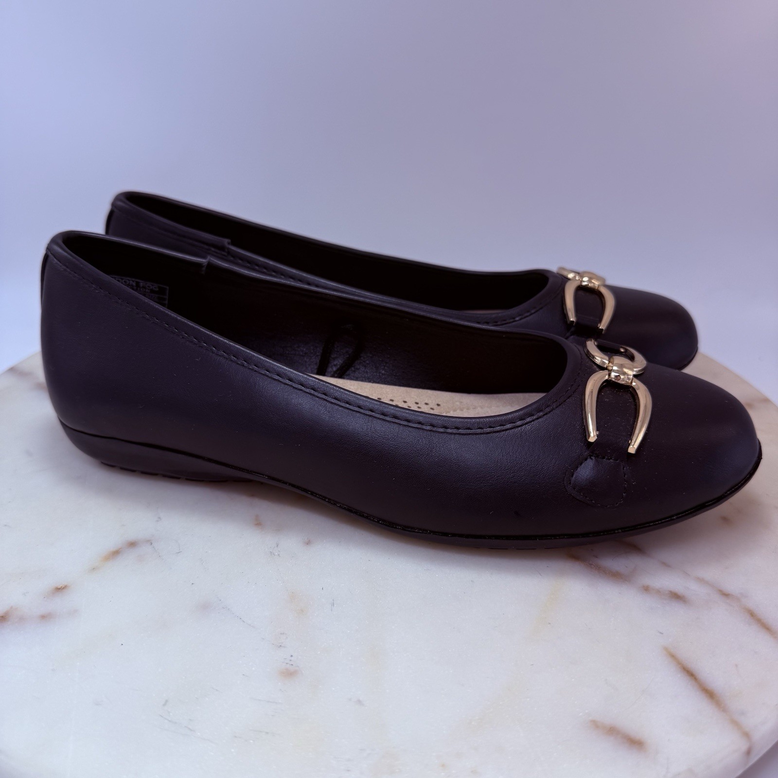 London Fog Collection Brinkley Black Gold Buckle Slip-on Womens Ballet Flats 7.5
